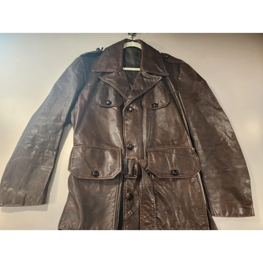 Vintage 1940s German Leather Trench Coat Mens L Brown Horsehide WW2 Officers